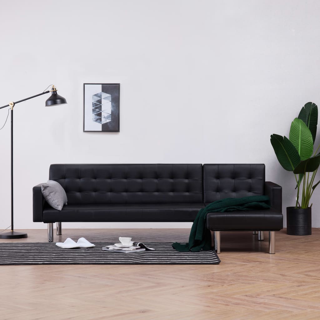 vidaXL Sofa-lova, L formos, dirbtinė oda, juoda