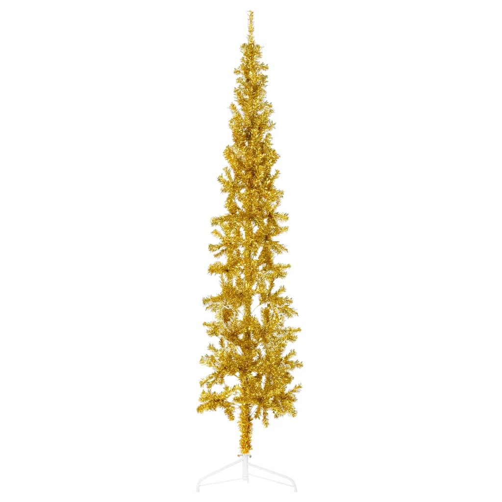 vidaXL Siaura dirbtinė pusinė Kalėdų eglutė su stovu, auksinė, 210cm