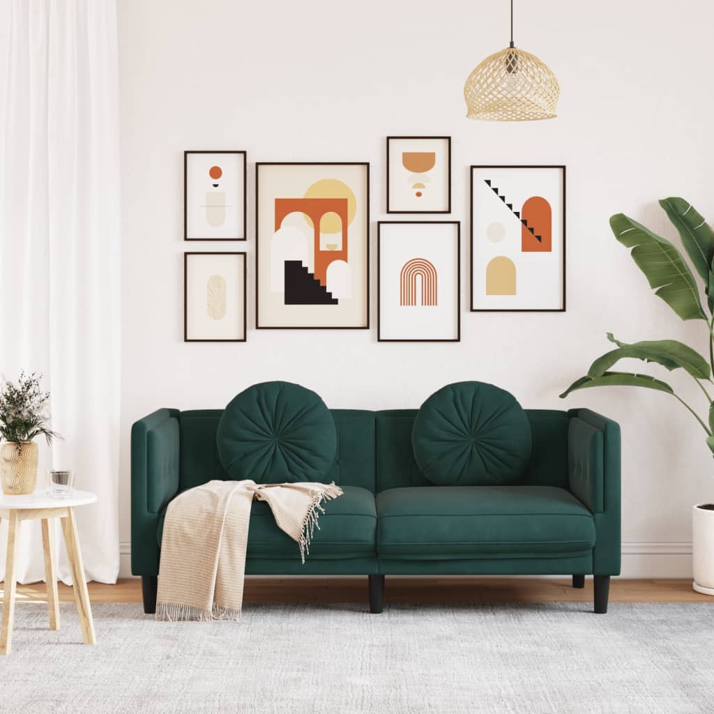 vidaXL Dvivietė sofa su pagalvėlėmis, tamsiai žalios spalvos, aksomas