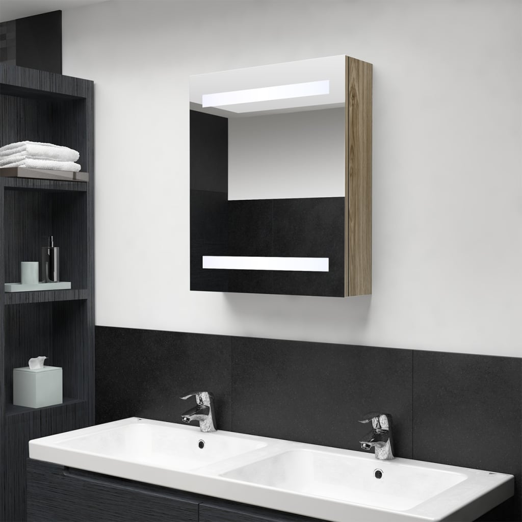 vidaXL Veidrodinė vonios spintelė su LED, ąžuolo, 50x14x60cm