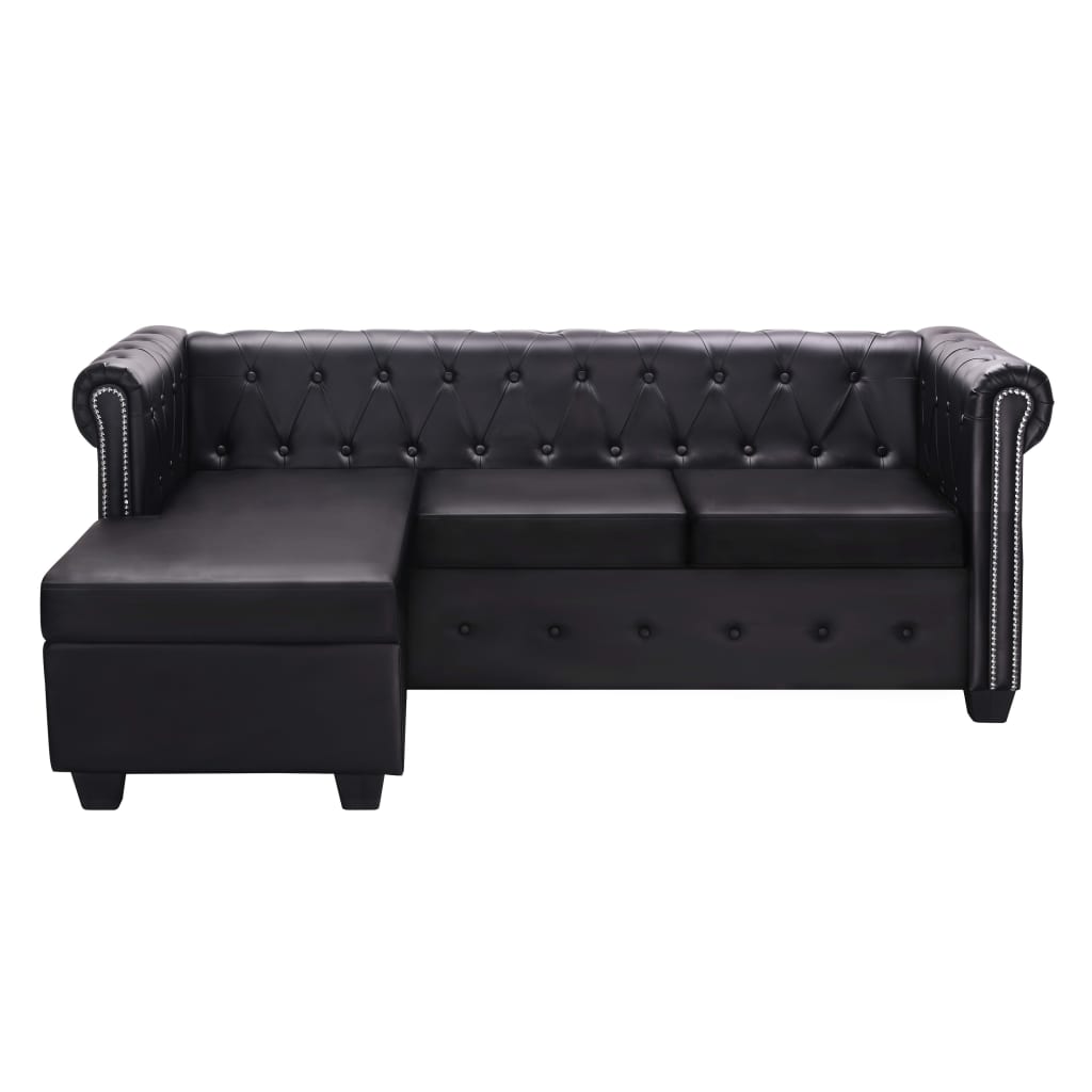 vidaXL L-formos Chesterfield sofa, dirbtinė oda, juoda