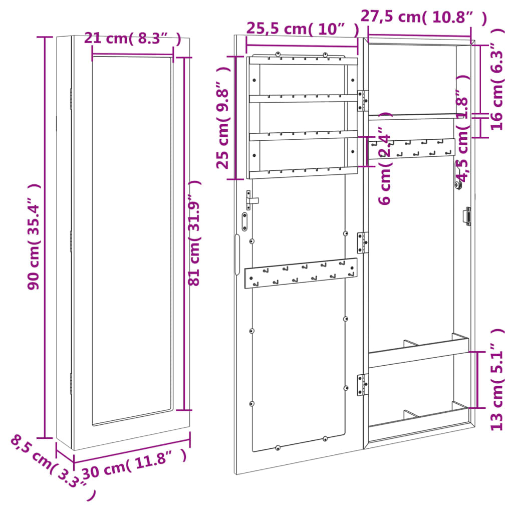 vidaXL Veidrodinė papuošalų spintelė, balta, 30x8,5x90cm, sieninė