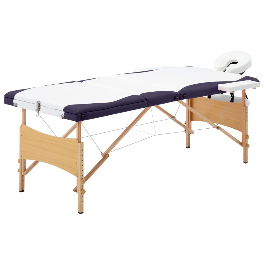 vidaXL Sulankstomas masažo stalas, baltas/violetinis, mediena, 3 zonų