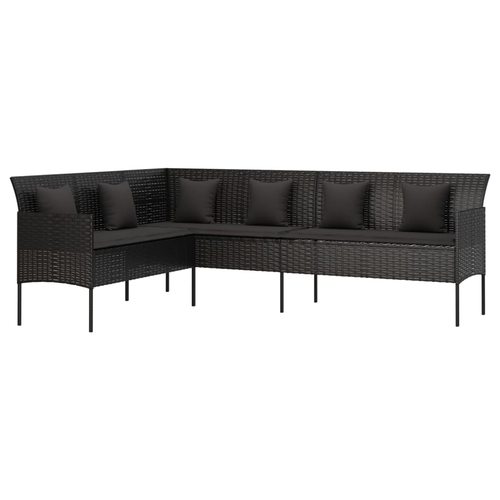 vidaXL L formos sodo sofa su pagalvėlėmis, juodos spalvos, poliratanas