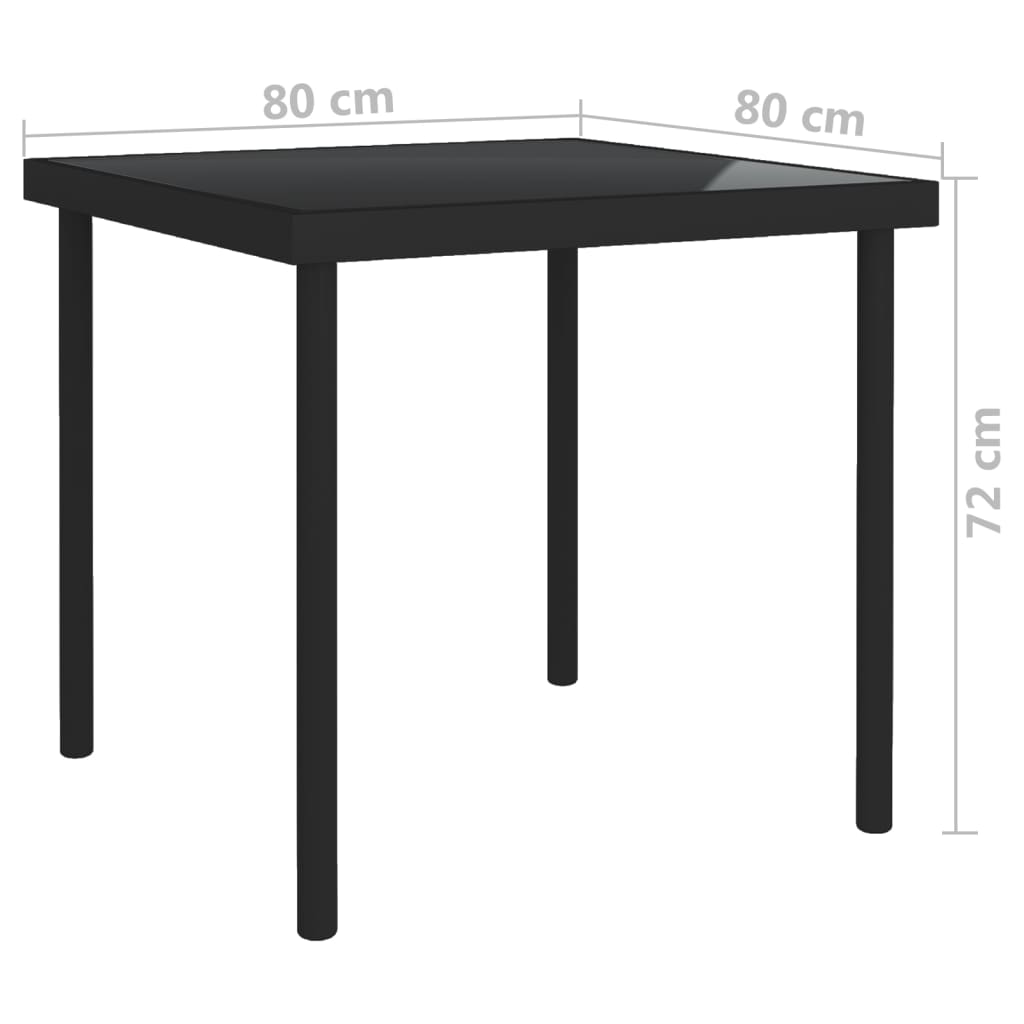 vidaXL Lauko valgomojo stalas, juodas, 80x80x72cm, stiklas/plienas