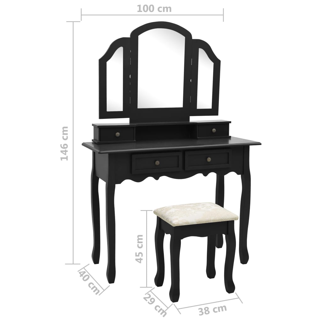 vidaXL Kosmetinio staliuko rinkinys, juodas, 100x40x146cm, paulovnija