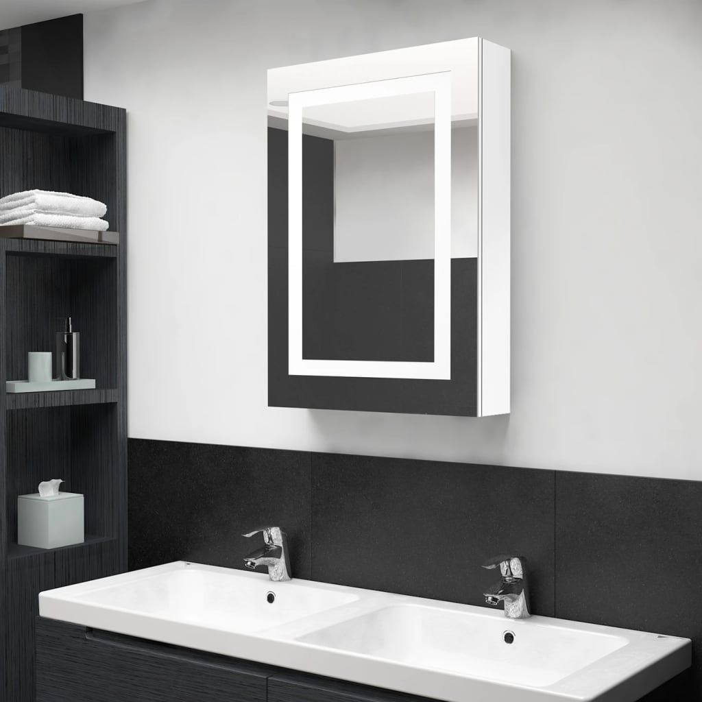 vidaXL Veidrodinė vonios spintelė su LED, balta, 50x13x70cm, blizgi