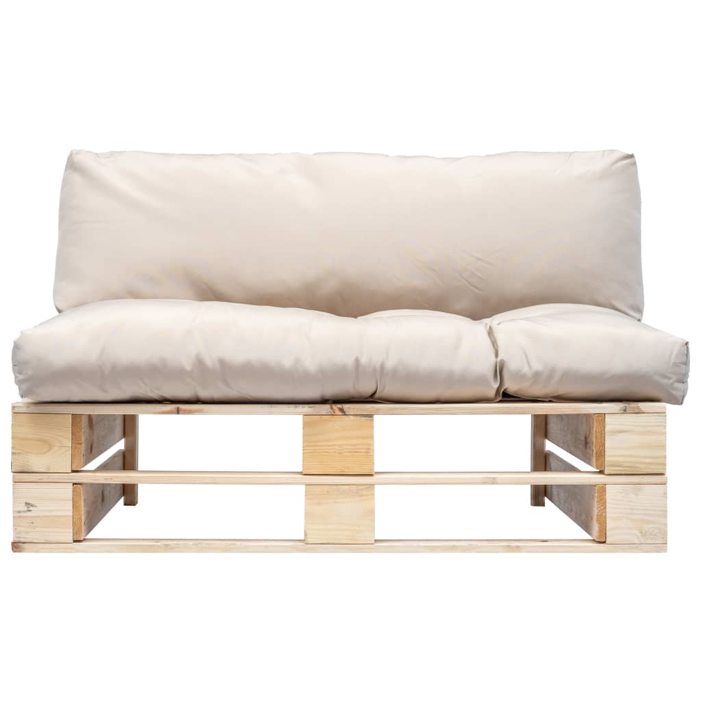 vidaXL Sodo sofa iš palečių su smėlio pagalvėlėmis, pušies mediena