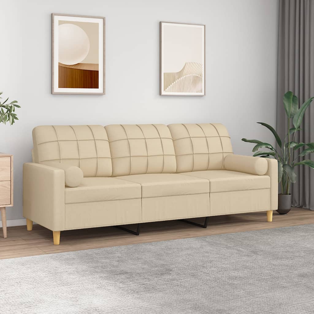 vidaXL Trivietė sofa su pagalvėlėmis, kreminės spalvos, 180cm, audinys