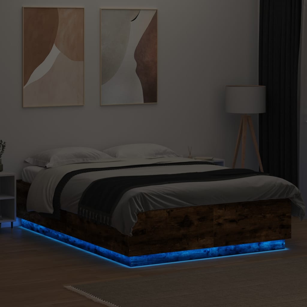 vidaXL Lovos rėmas su LED, dūminio ąžuolo, 160x200cm, apdirbta mediena