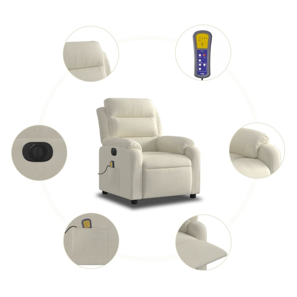 vidaXL Elektrinis atlošiamas masažinis krėslas, kreminis, aksomas