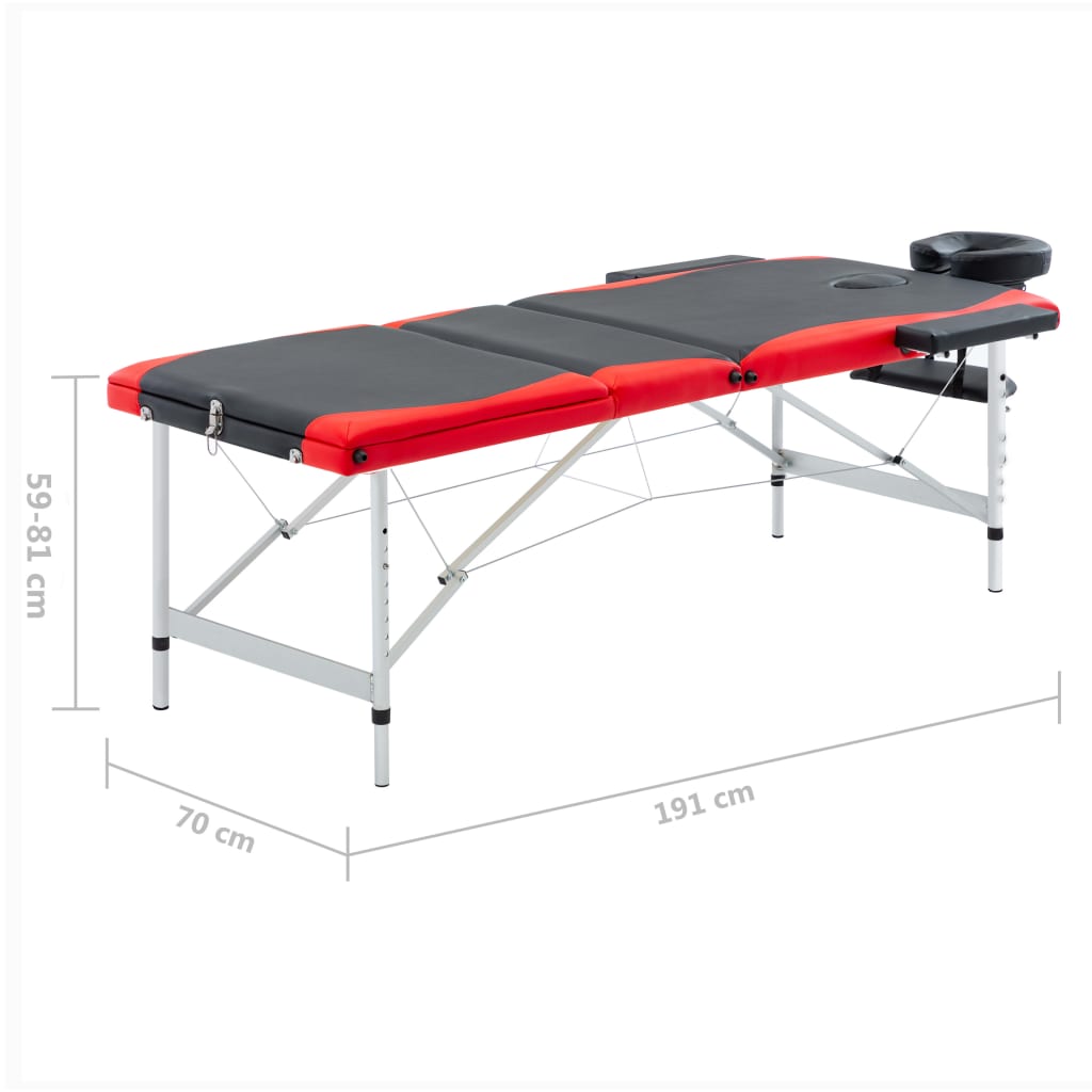 vidaXL Sulankstomas masažo stalas, juodas/raudonas, aliuminis, 3 zonų