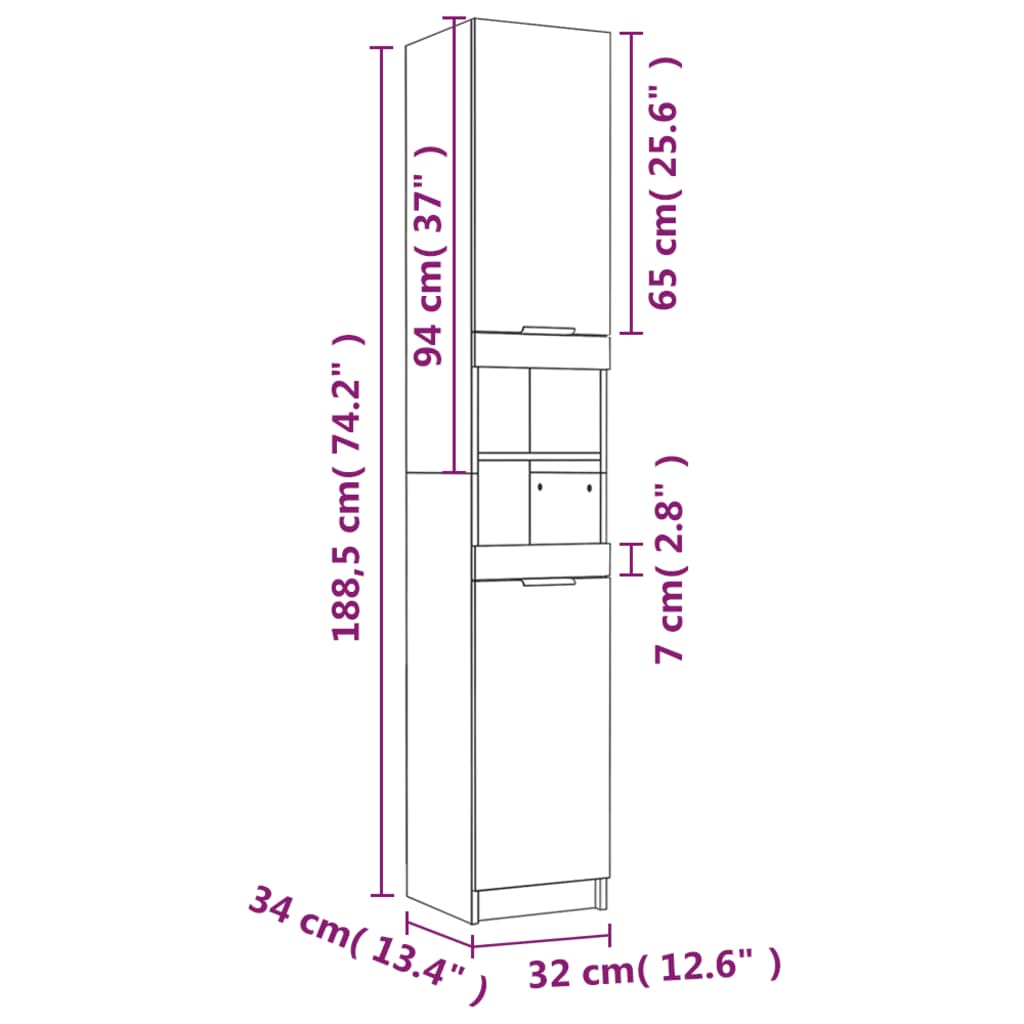 vidaXL Vonios kambario spintelė, balta, 32x34x188,5cm, mediena, blizgi