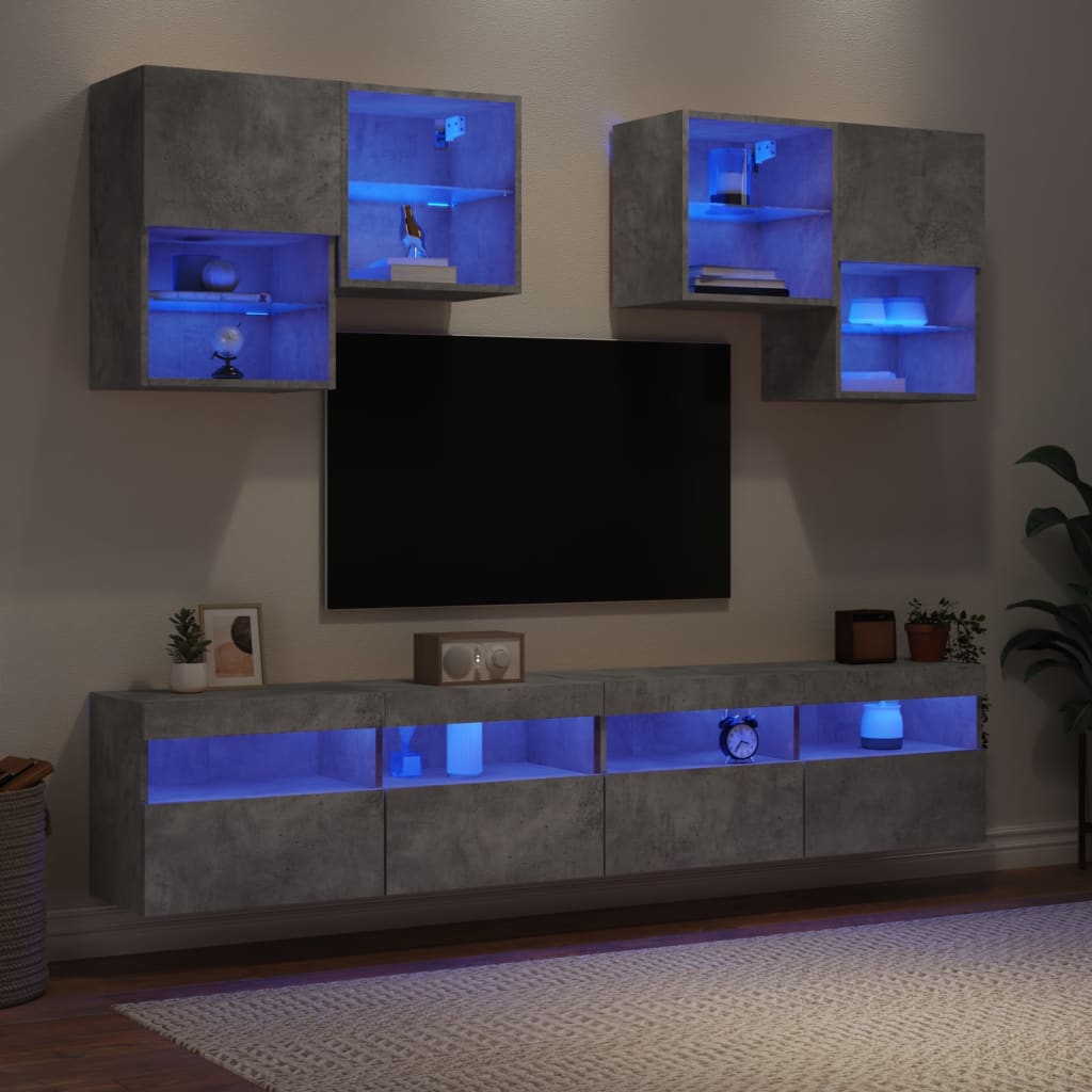 vidaXL Sieninės TV spintelės su LED lemputėmis, 6vnt., betono pilkos