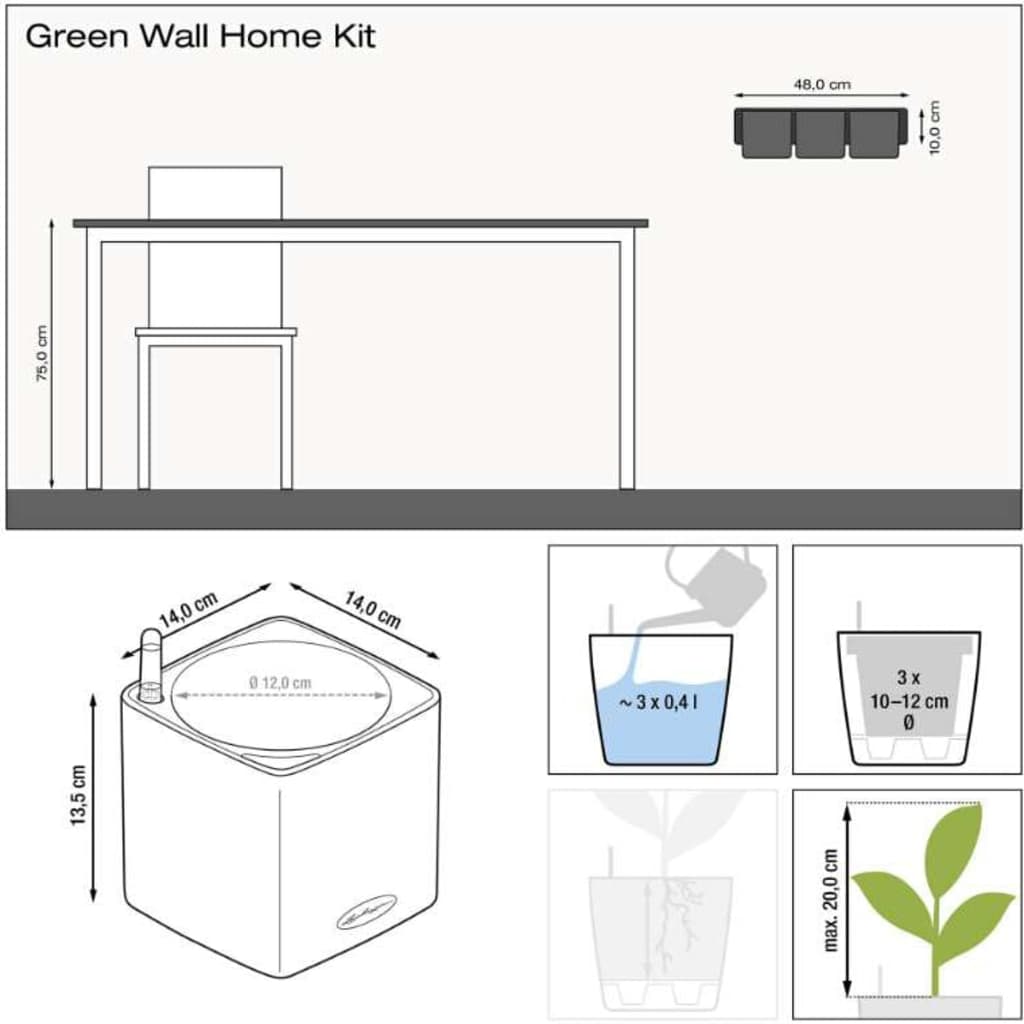 LECHUZA Vazonai Green Wall Home Kit, 3vnt., antracito spalvos, blizgūs