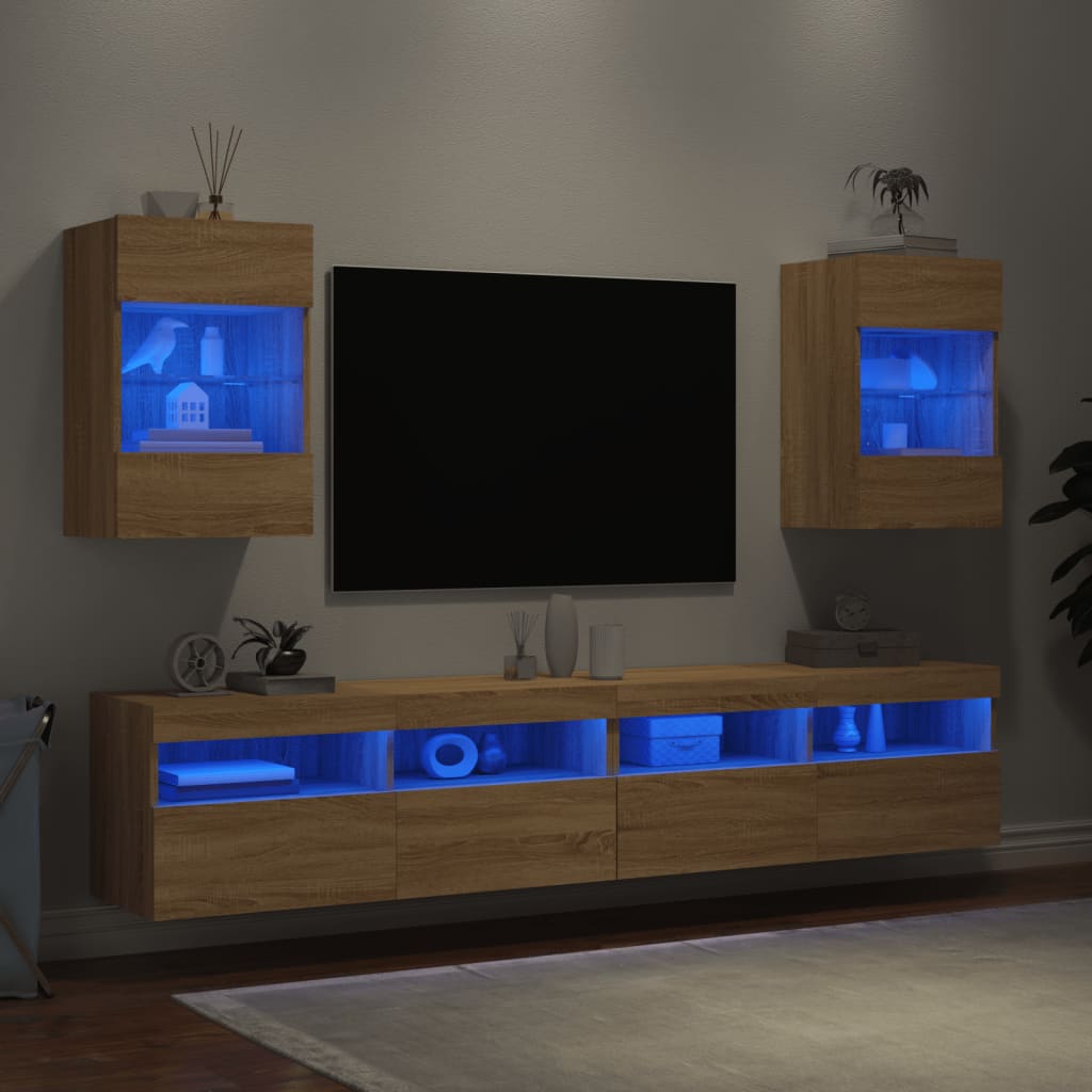 vidaXL Sieninės TV spintelės su LED, 2vnt., ąžuolo, 40x30x60,5cm