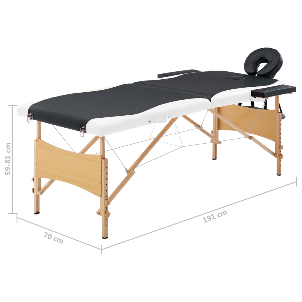 vidaXL Sulankstomas masažo stalas, juodas ir baltas, mediena, 2 zonų