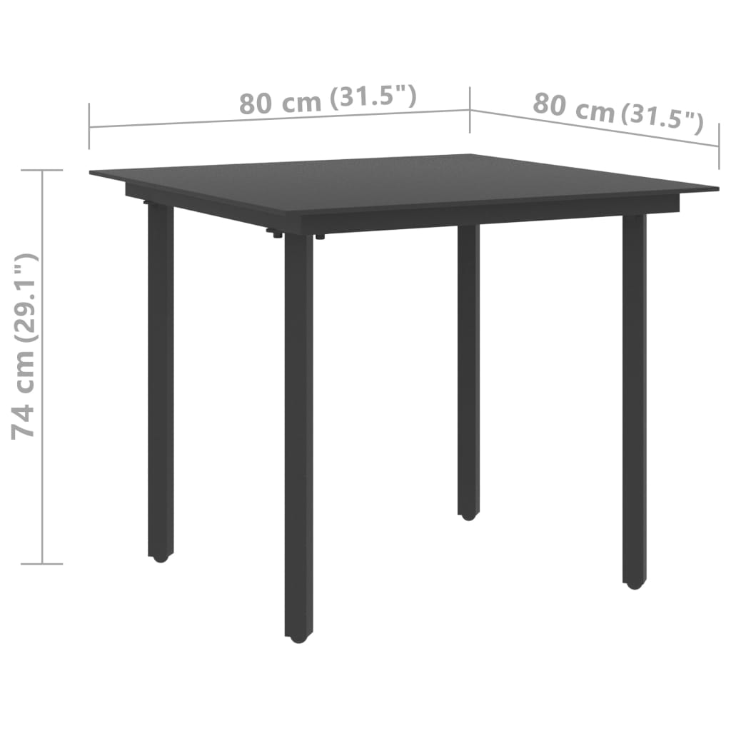 vidaXL Sodo valgomojo stalas, juodas, 80x80x74cm, plienas ir stiklas