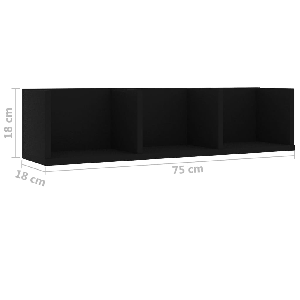 vidaXL Sieninė lentyna kompaktiniams diskams, juoda, 75x18x18cm, MDP