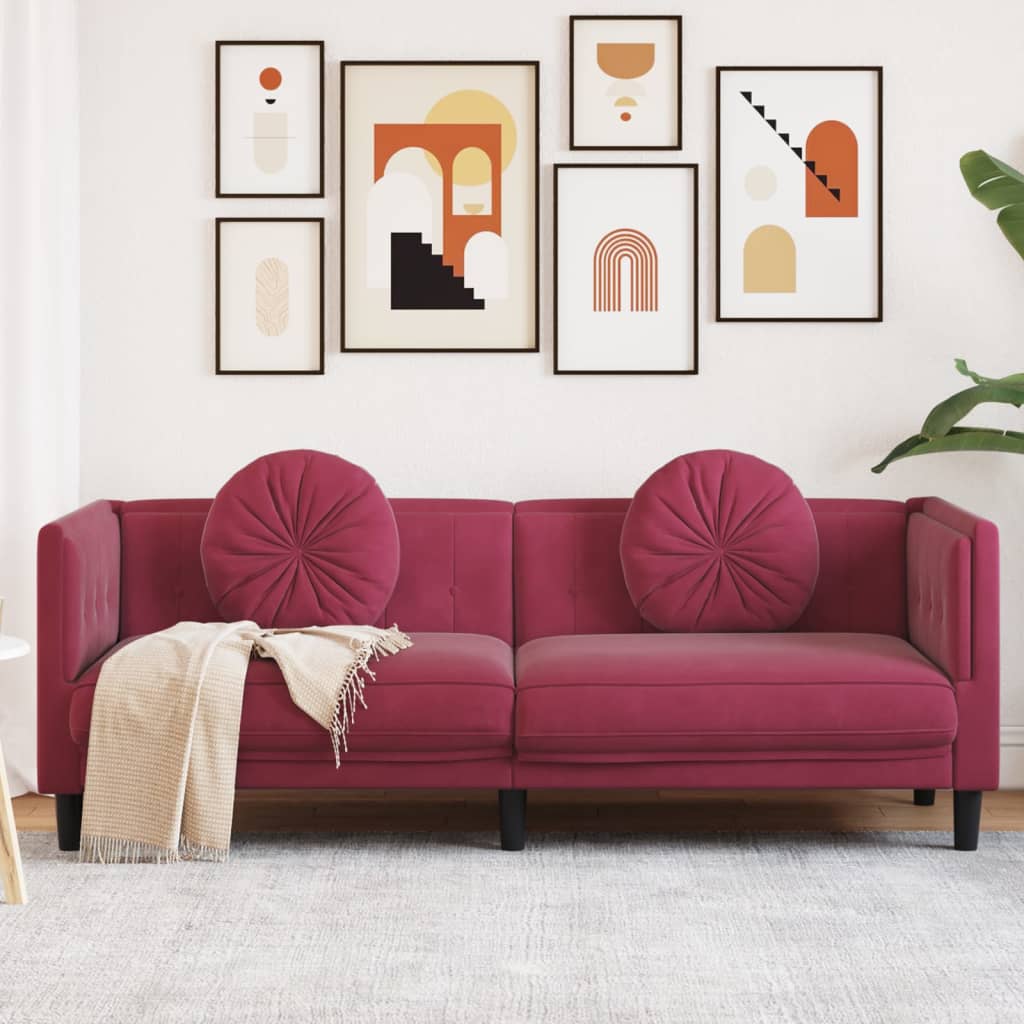 vidaXL Trivietė sofa su pagalvėlėmis, vyno raudonos spalvos, aksomas
