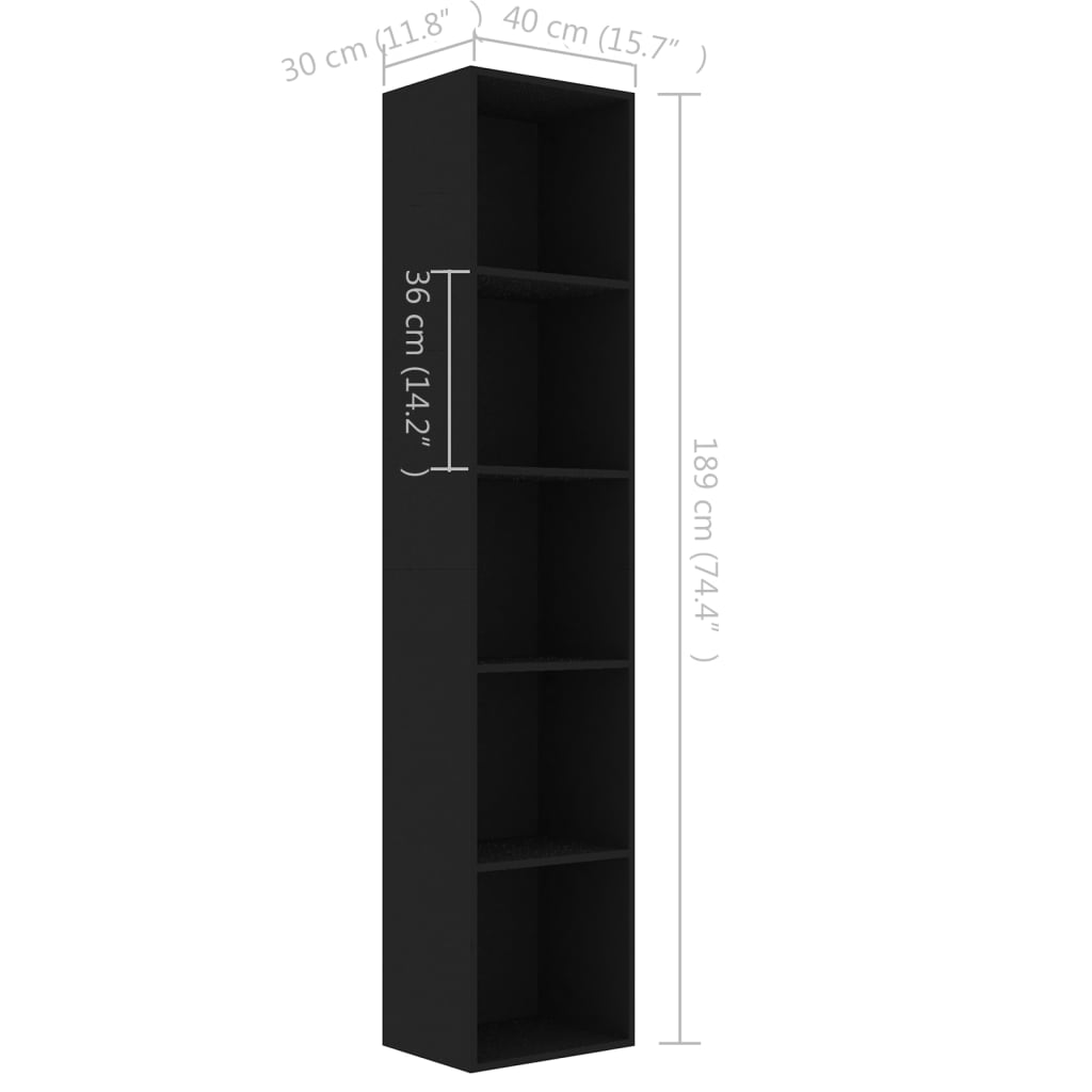 vidaXL Spintelė knygoms, juodos spalvos, 40x30x189cm, MDP