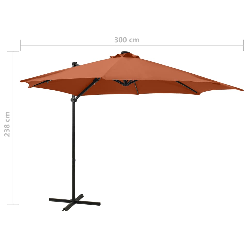 vidaXL Gembinis skėtis su stulpu ir LED lemputėmis, terakota, 300cm