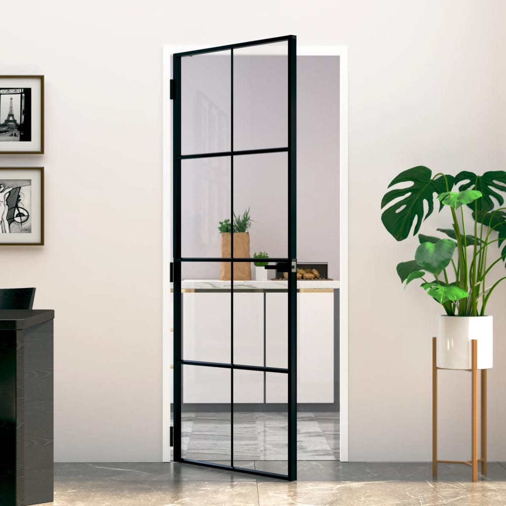 vidaXL Vidaus durys, juodos, 83x201,5cm, grūdintas stiklas/aliuminis