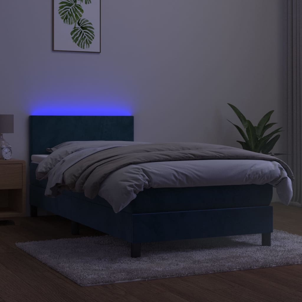 vidaXL Lova su spyruoklėmis/čiužiniu/LED, mėlyna, 100x200cm, aksomas
