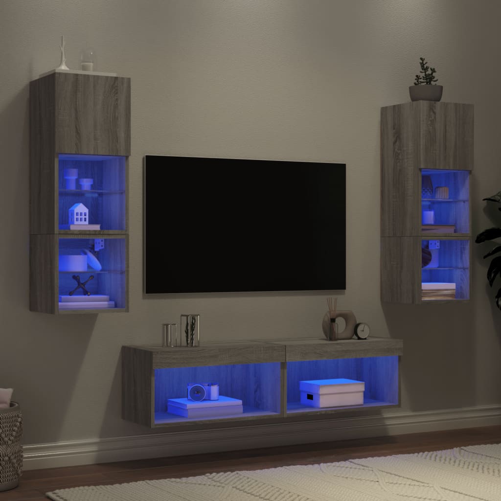 vidaXL Sieninė TV sekcija su LED, 6 dalių, pilka ąžuolo, mediena