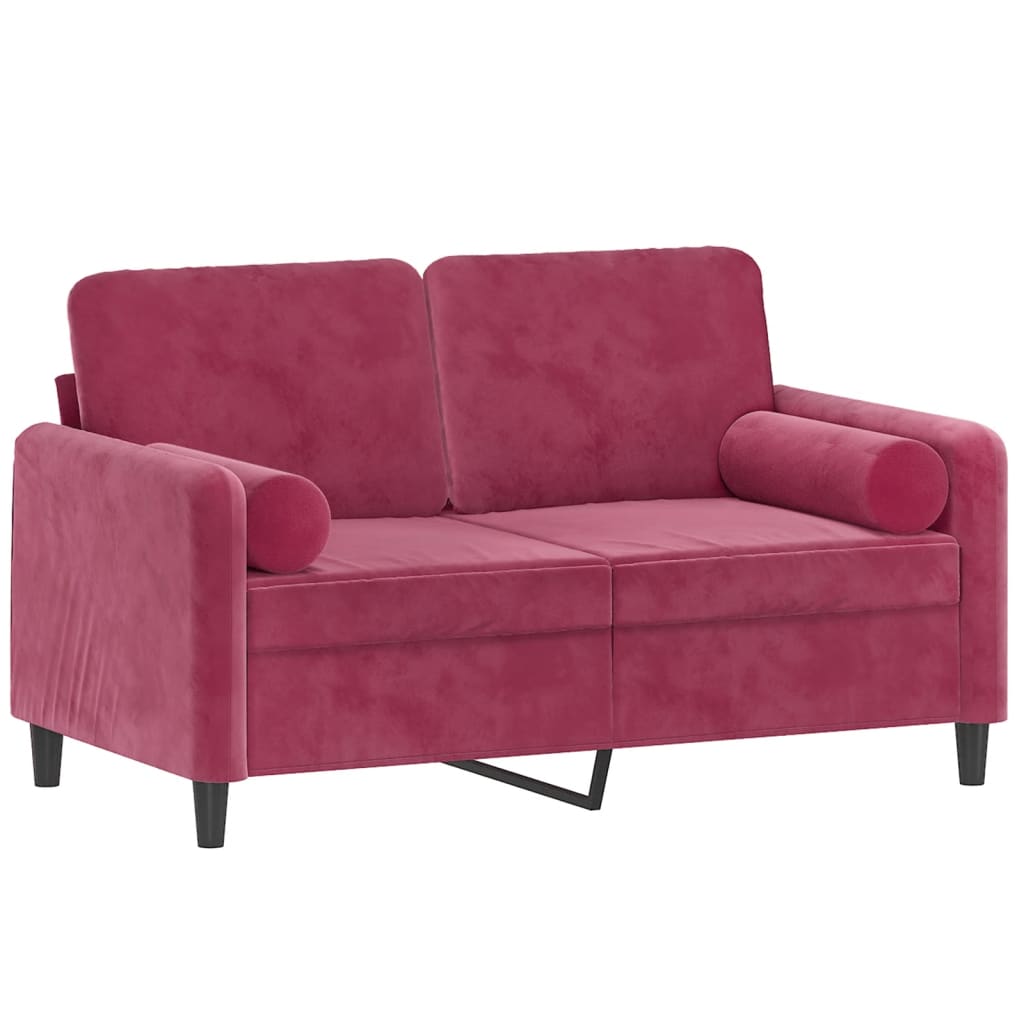 vidaXL Dvivietė sofa su pagalvėlėmis, raudonojo vyno, 120cm, aksomas