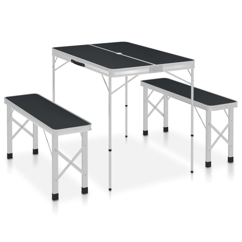 vidaXL Sulankstomas stalas su 2 suoliukais, pilkos spalvos, aliuminis