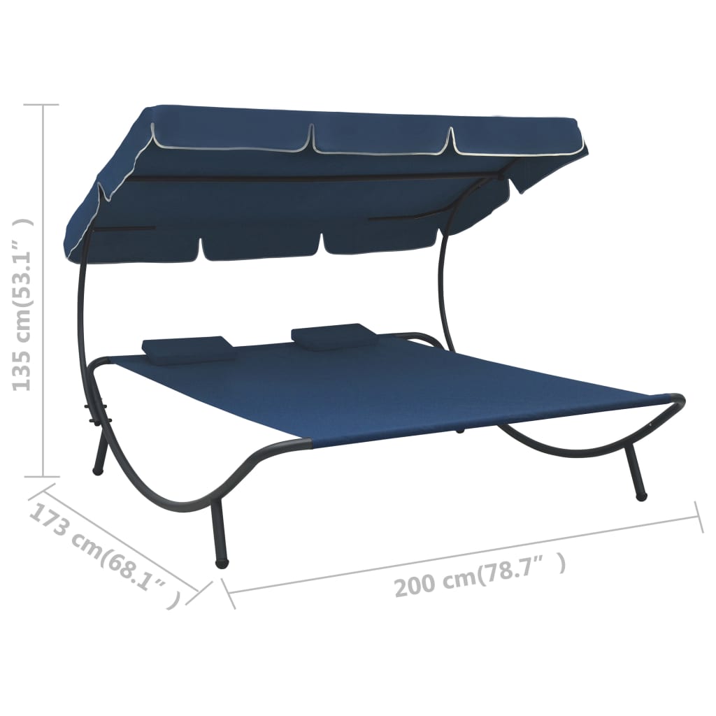 vidaXL Lauko poilsio gultas su stogeliu ir pagalvėmis, mėlynos spalvos
