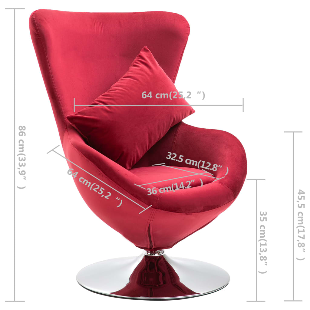 vidaXL Kėdė su pagalvėle, raudona, aksomas, kiauš. formos, pasuk.