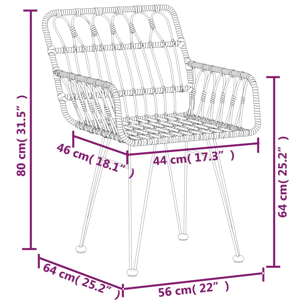 vidaXL Sodo kėdės su porankiais, 2vnt., juodos, 56x64x80cm, PE ratanas