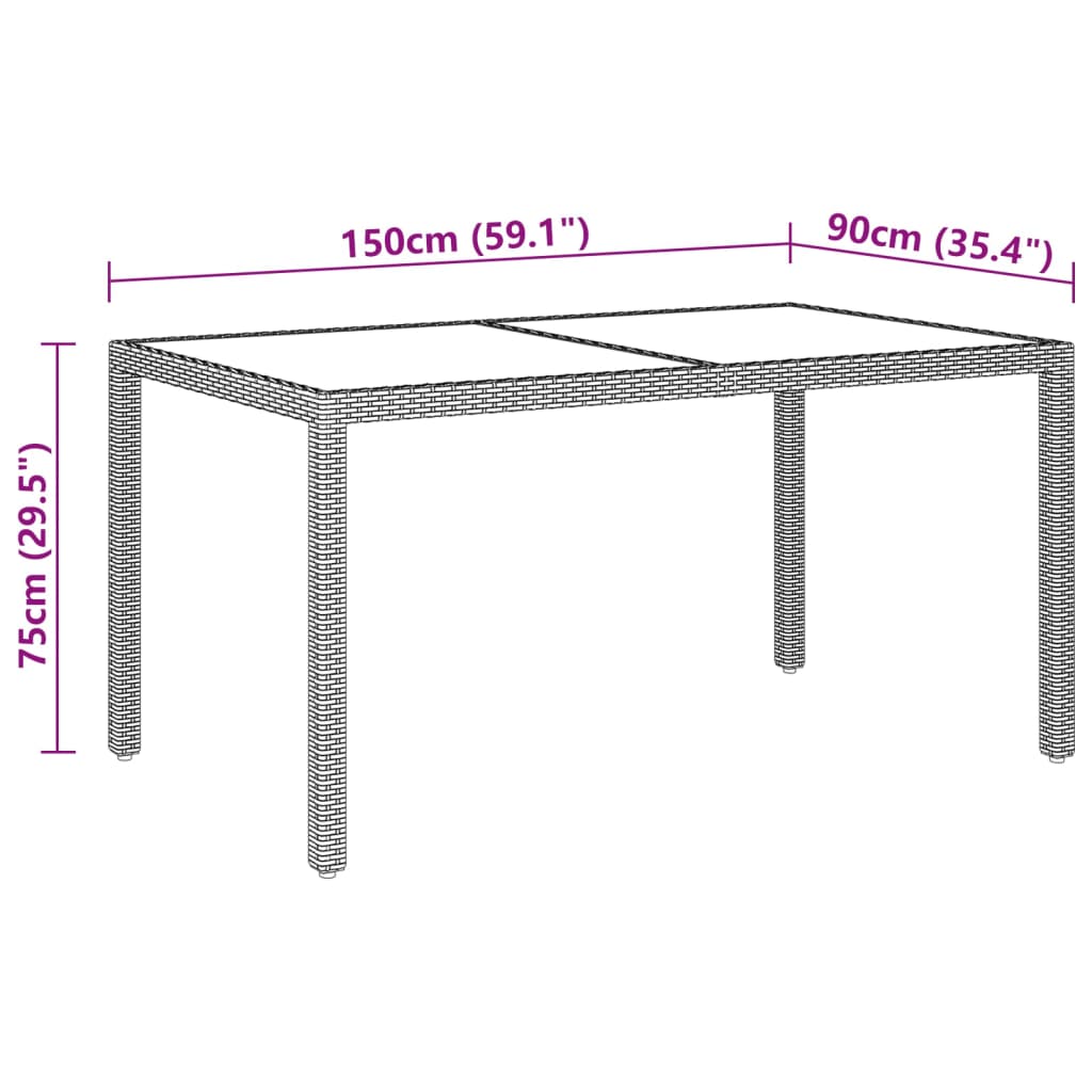 vidaXL Sodo stalas, pilkas, 150x90x75cm, grūdintas stiklas/poliratanas