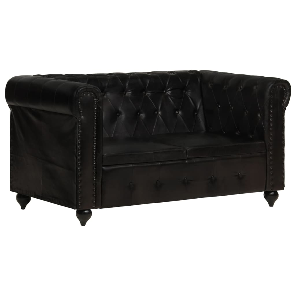 vidaXL Dvivietė chesterfield sofa, juodos spalvos, tikra oda