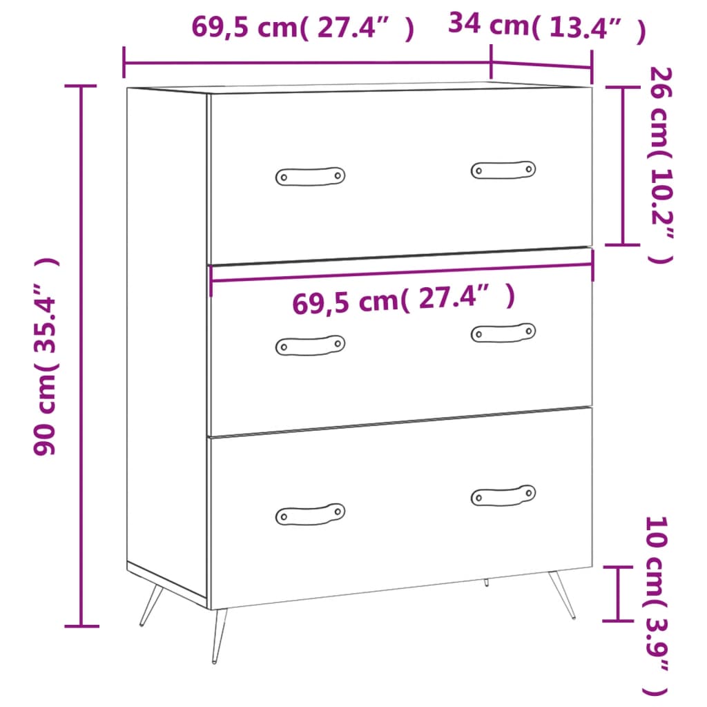 vidaXL Komoda su stalčiais, balta, 69,5x34x90cm, mediena, blizgi