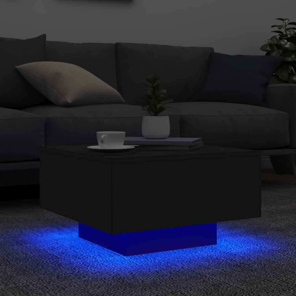 vidaXL Kavos staliukas su LED lemputėmis, juodos spalvos, 55x55x31cm