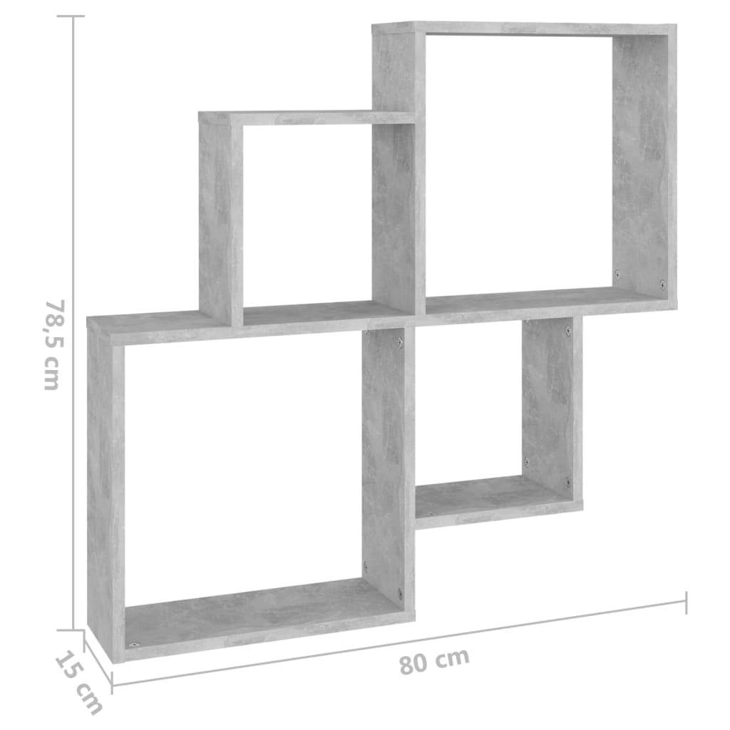 vidaXL Sieninė lentyna, betono pilka, 80x15x78,5cm, MDP, kubo formos