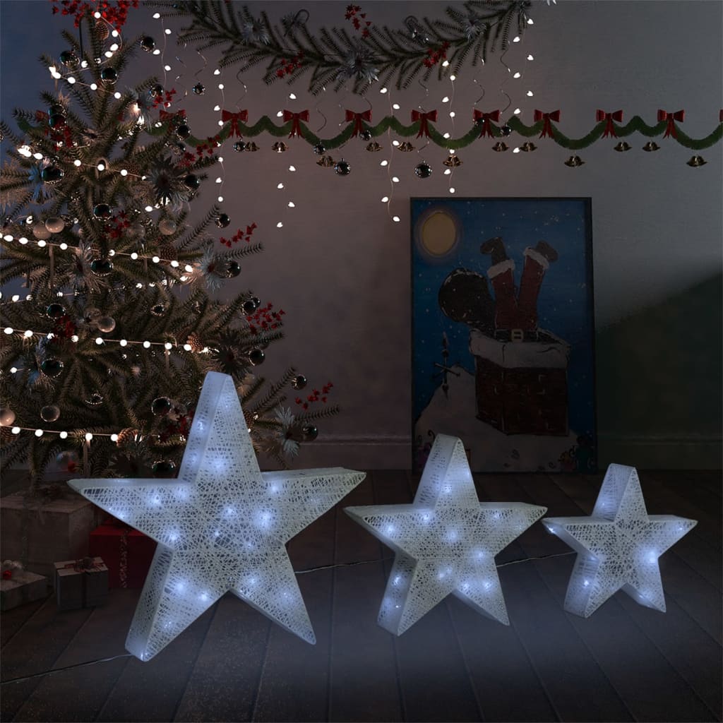 vidaXL Kalėdų dekoracija žvaigždės, 3vnt., baltos, tinklinės, su LED