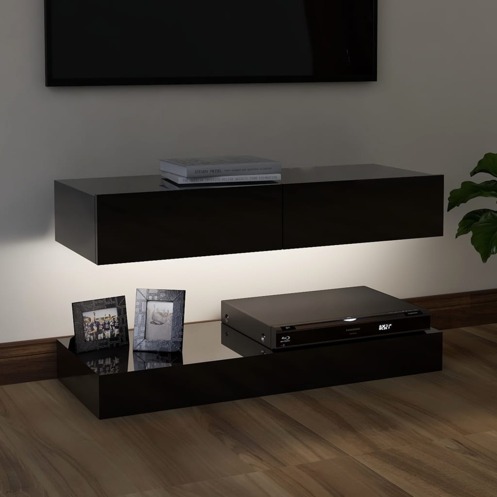 vidaXL TV spintelė su LED apšvietimu, blizgi juoda, 90x35 cm