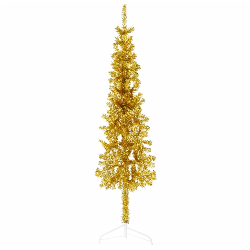vidaXL Siaura dirbtinė pusinė Kalėdų eglutė su stovu, auksinė, 120cm
