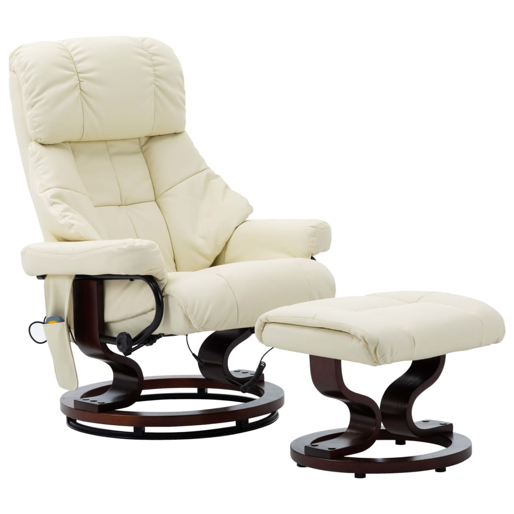 vidaXL Atlošiamas masažinis krėslas, kreminis, dirbtinė oda ir mediena
