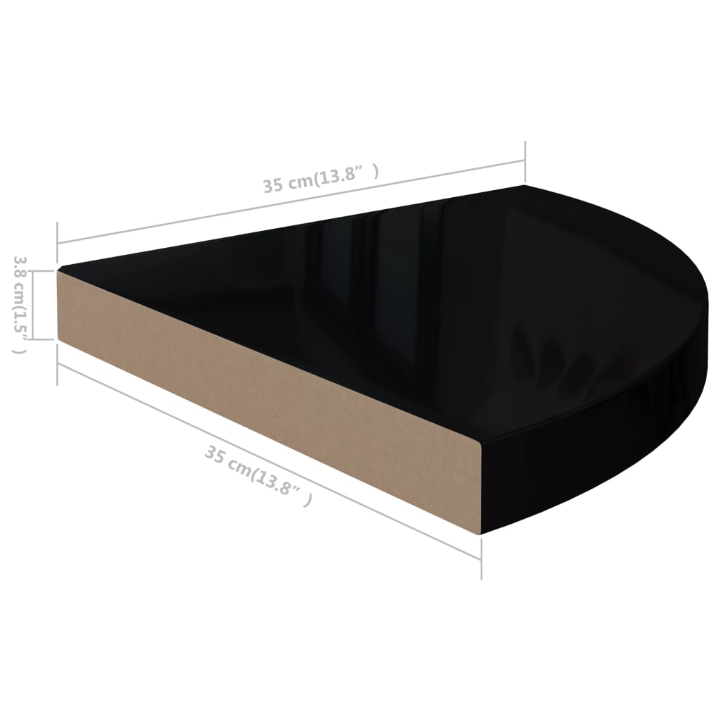 vidaXL Pakabinama kampinė lentyna, juoda, 35x35x3,8cm, MDF, blizgi