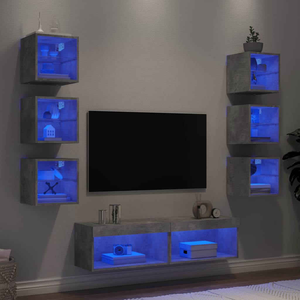 vidaXL Sieninė TV sekcija su LED, 8 dalių, betono, apdirbta mediena
