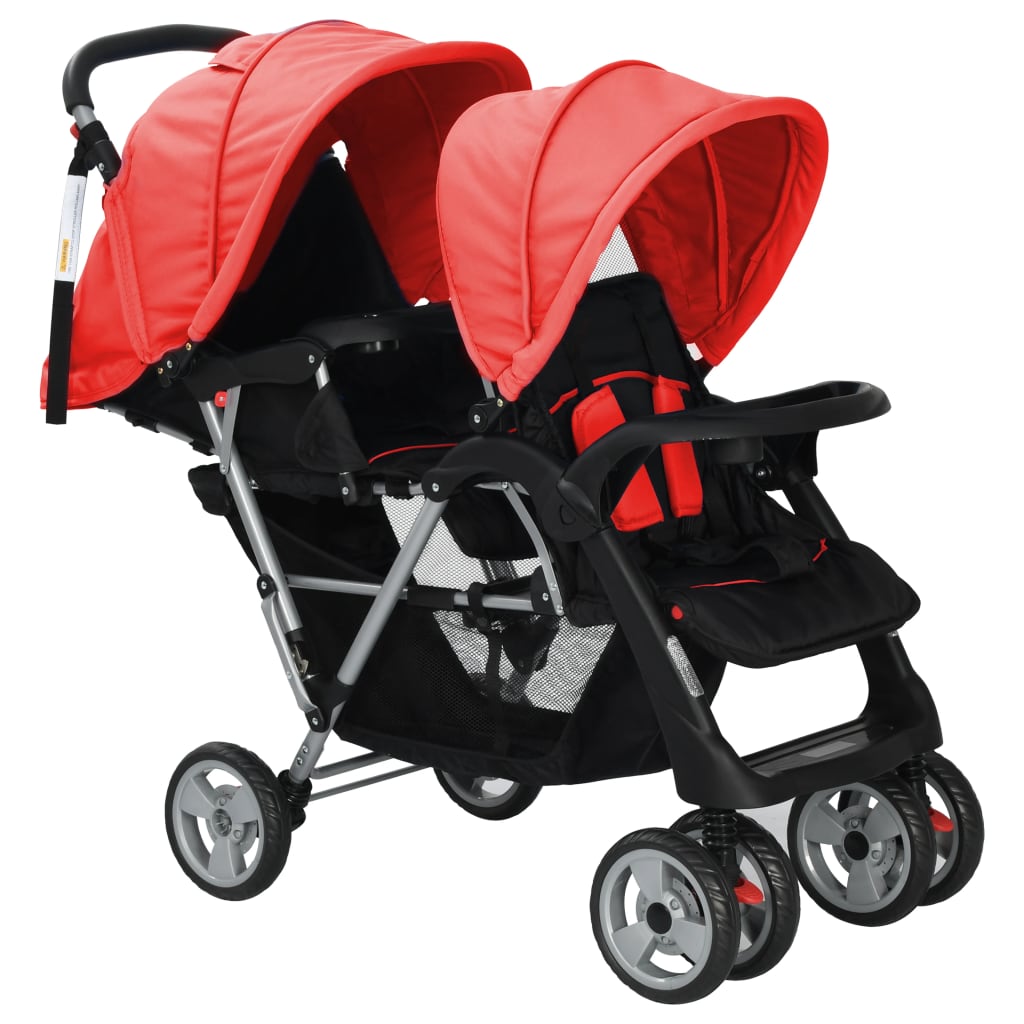 vidaXL Vaikiškas dvivietis vežimėlis, plienas, raudonas/juodas
