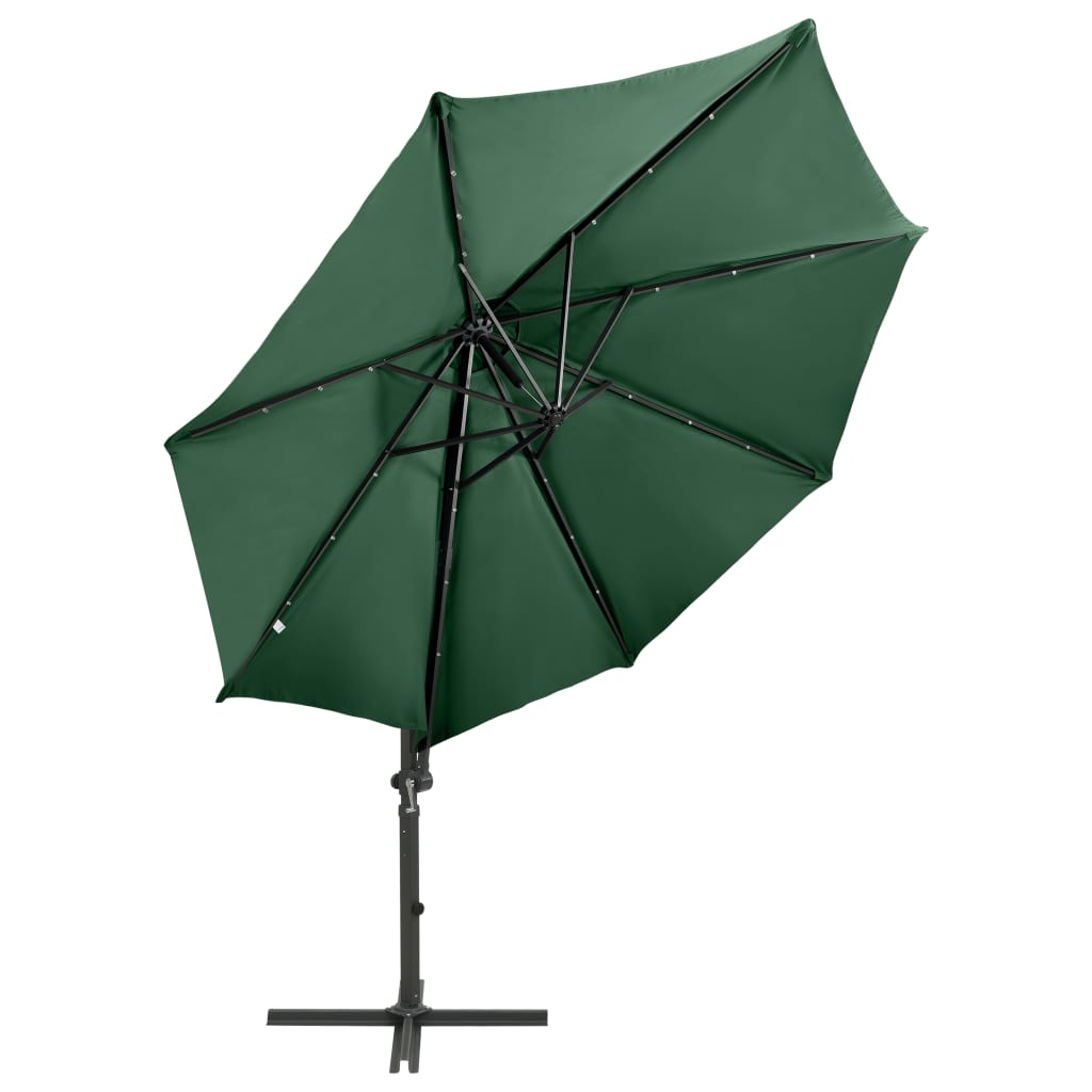vidaXL Gembinis skėtis su stulpu ir LED lemputėmis, žalias, 300cm