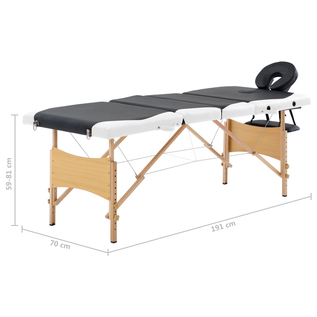 vidaXL Sulankstomas masažo stalas, juodas ir baltas, mediena, 4 zonų