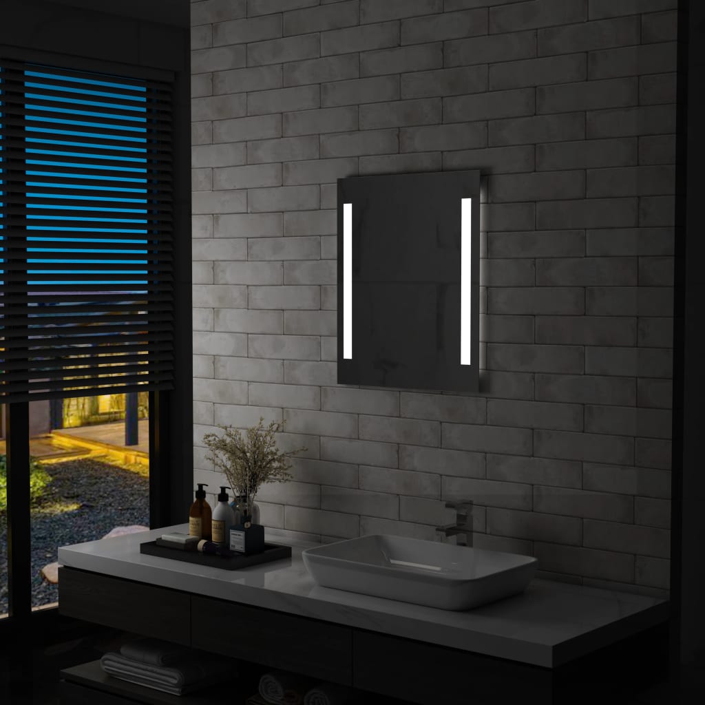vidaXL Sieninis vonios kambario LED veidrodis su lentyna, 50x70cm