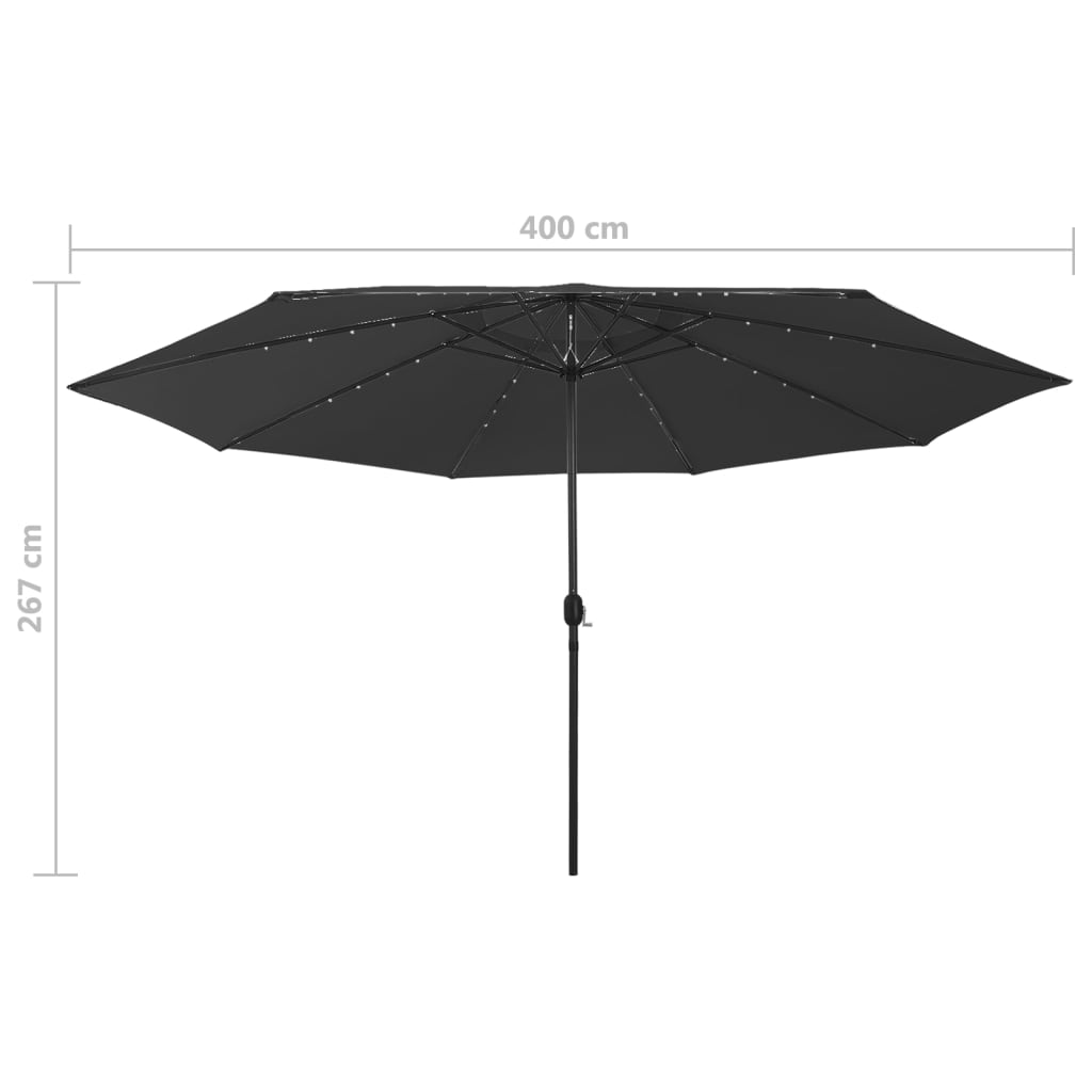 vidaXL Lauko skėtis su LED ir metaliniu stulpu, juodas, 400cm